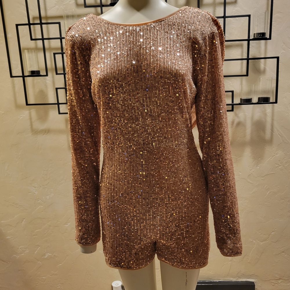 Fashion Nova Sequin Long Sleeve Romper -  Gold